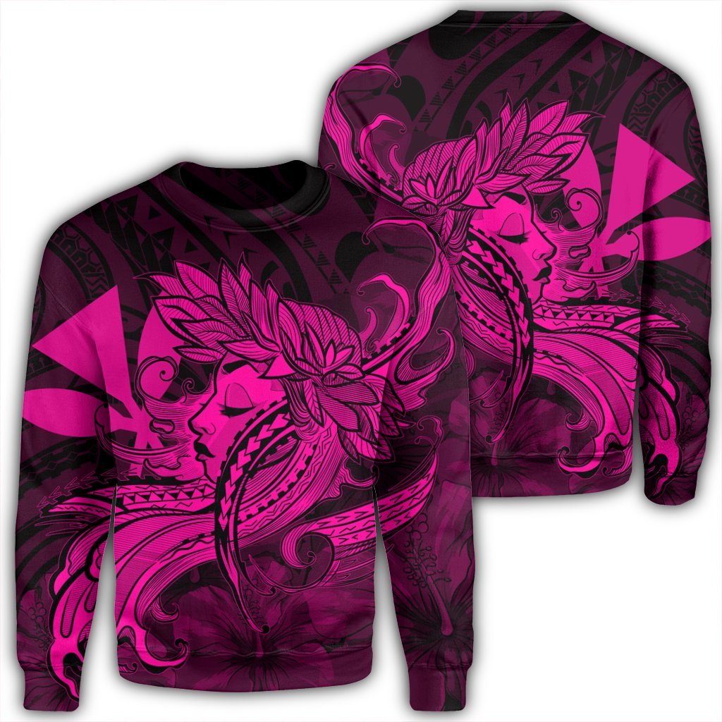 Hawaiian Map Hula Girl Hibiscus Kanaka Polynesian Sweatshirt - Pink - AH Unisex Black - Polynesian Pride