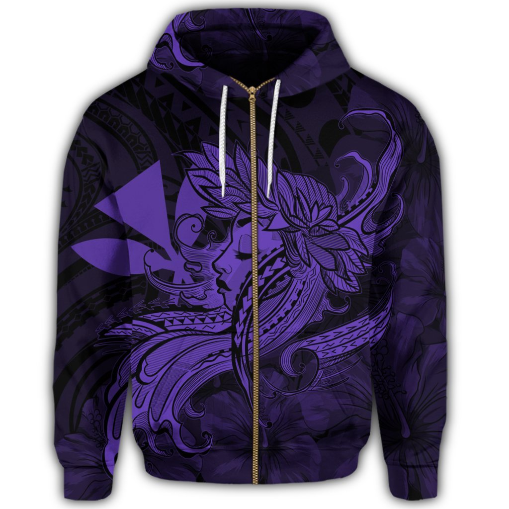 Hawaiian Map Hula Girl Hibiscus Kanaka Polynesian Zip Hoodie Purple - Polynesian Pride