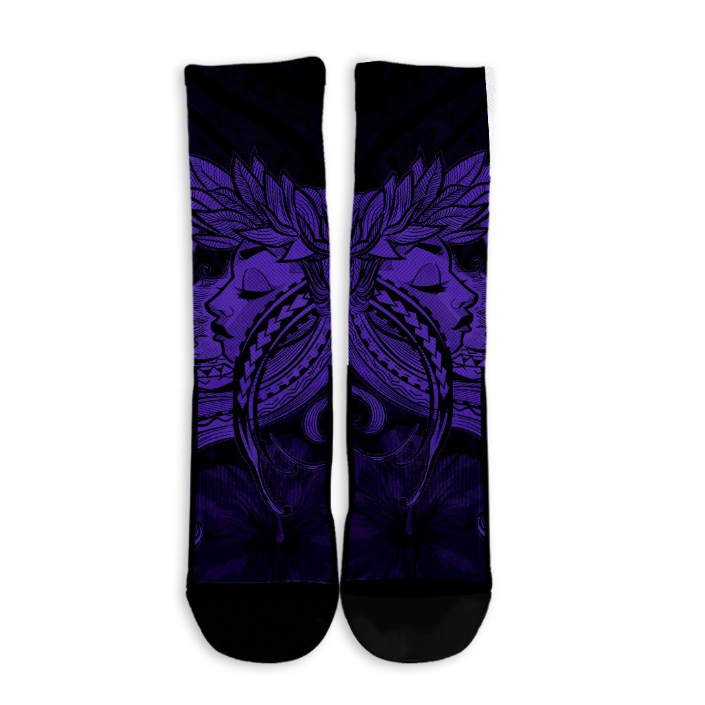 Hawaiian Map Hula Girl Hibiscus Kanaka Polynesian Crew Socks - Purple - AH - Polynesian Pride