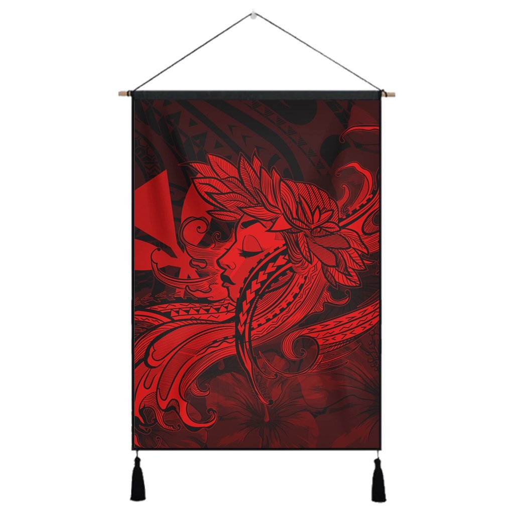 Hawaiian Map Hula Girl Hibiscus Kanaka Polynesian Hanging Poster - Red - AH Hanging Poster Cotton And Linen - Polynesian Pride