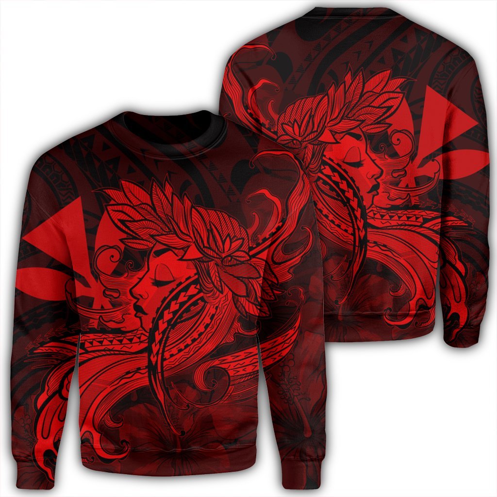 Hawaiian Map Hula Girl Hibiscus Kanaka Polynesian Sweatshirt - Red - AH Unisex Black - Polynesian Pride