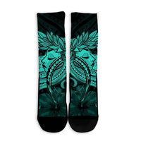 Hawaiian Map Hula Girl Hibiscus Kanaka Polynesian Crew Socks - Turquoise - AH - Polynesian Pride