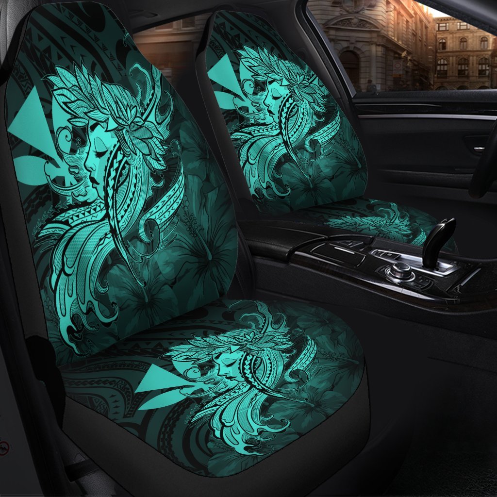 Hawaiian Map Hula Girl Hibiscus Kanaka Polynesian Car Seat Covers - Turquoise - AH - Polynesian Pride