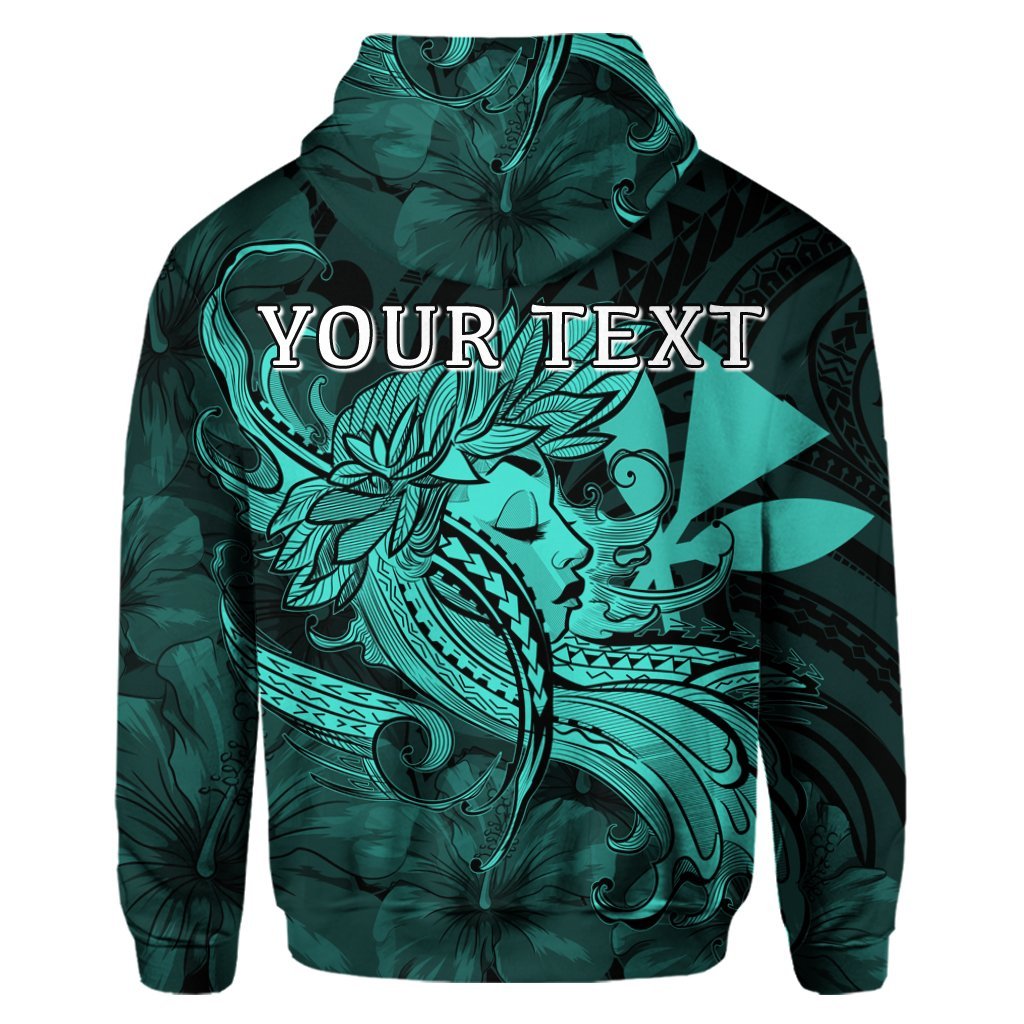 Custom Hawaiian Map Hula Girl Hibiscus Kanaka Polynesian Hoodie Turquoise - Polynesian Pride