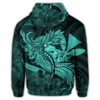 Hawaiian Map Hula Girl Hibiscus Kanaka Polynesian Zip Hoodie Turquoise - Polynesian Pride