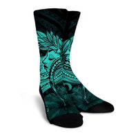 Hawaiian Map Hula Girl Hibiscus Kanaka Polynesian Crew Socks - Turquoise - AH - Polynesian Pride