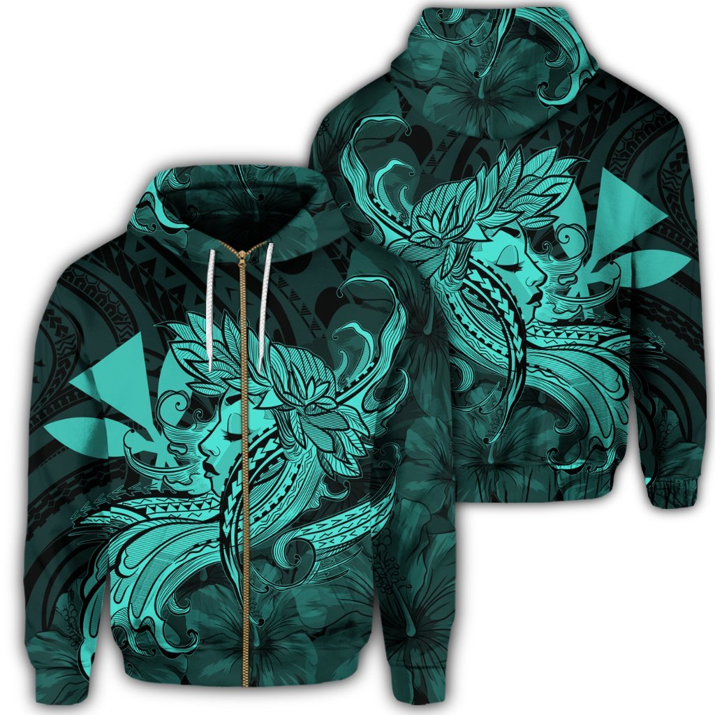 Hawaiian Map Hula Girl Hibiscus Kanaka Polynesian Zip Hoodie Turquoise Unisex Art - Polynesian Pride