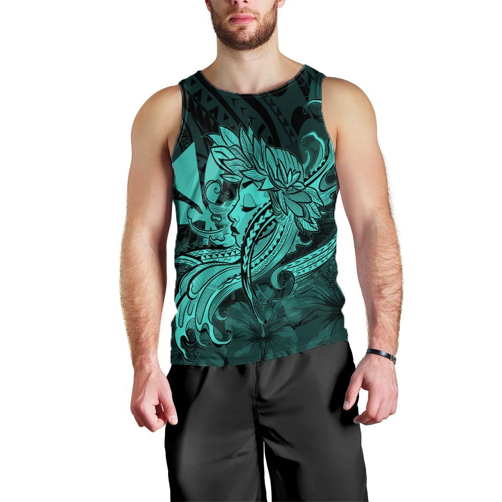 Hawaiian Map Hula Girl Hibiscus Kanaka Polynesian Tank Top - Turquoise - AH Black - Polynesian Pride