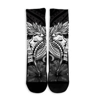 Hawaiian Map Hula Girl Hibiscus Kanaka Polynesian Crew Socks - White - AH - Polynesian Pride