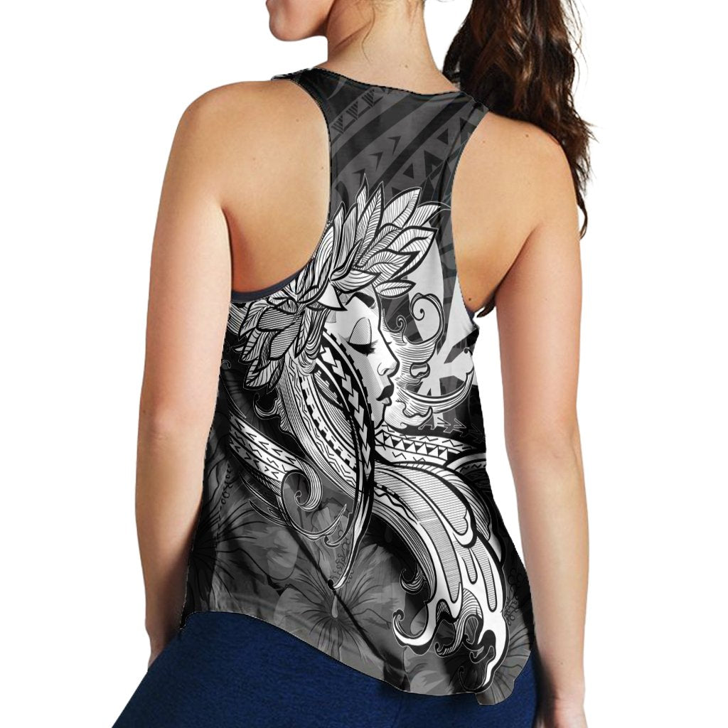 Hawaiian Map Hula Girl Hibiscus Kanaka Polynesian Racerback Tank - White - AH - Polynesian Pride