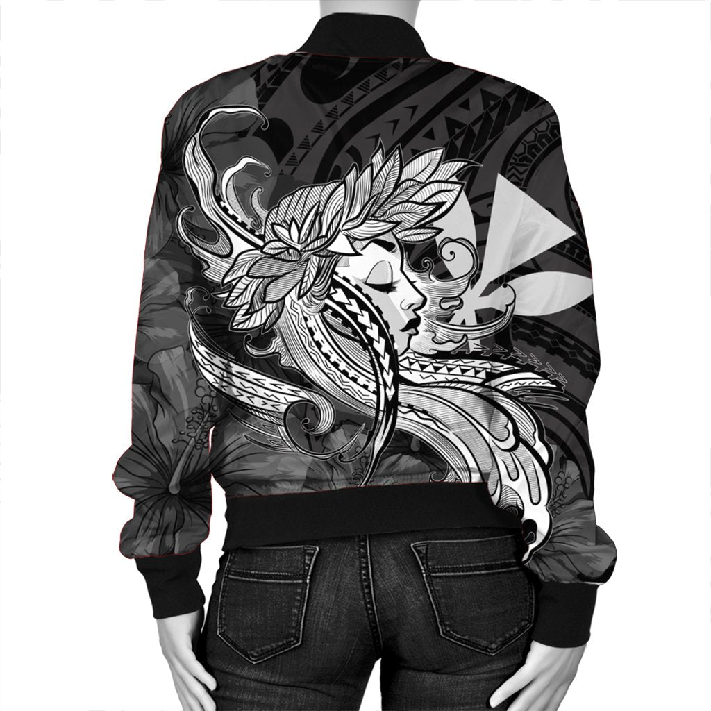 Hawaiian Map Hula Girl Hibiscus Kanaka Polynesian Bomber Jacket - White - AH - Polynesian Pride