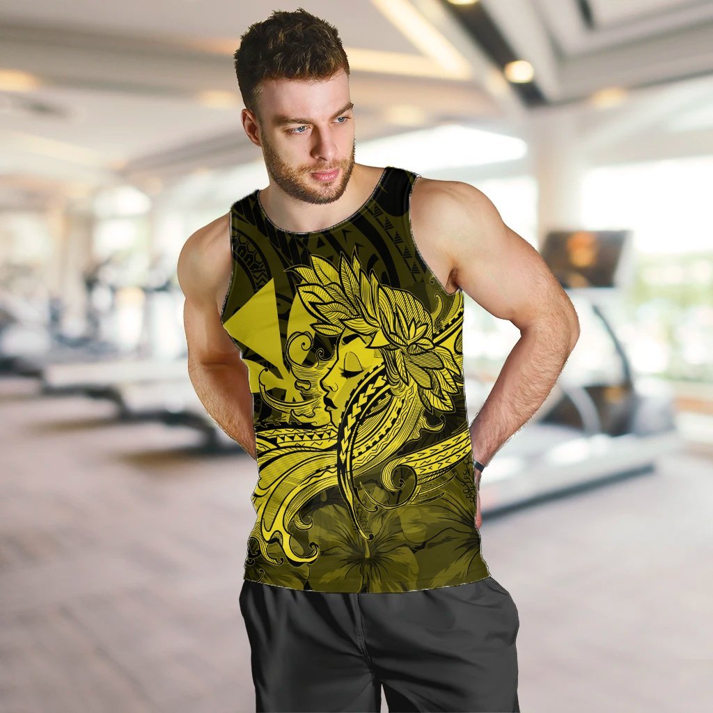 Hawaiian Map Hula Girl Hibiscus Kanaka Polynesian Tank Top - Yellow - AH - Polynesian Pride