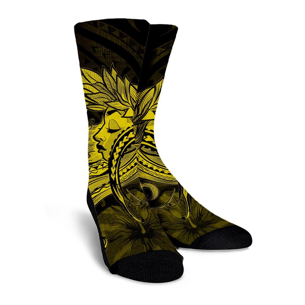 Hawaiian Map Hula Girl Hibiscus Kanaka Polynesian Crew Socks - Yellow - AH - Polynesian Pride