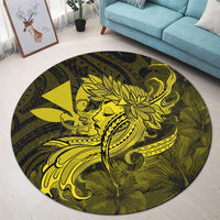 Hawaiian Map Hula Girl Hibiscus Kanaka Polynesian Round Carpet - Yellow - AH - Polynesian Pride