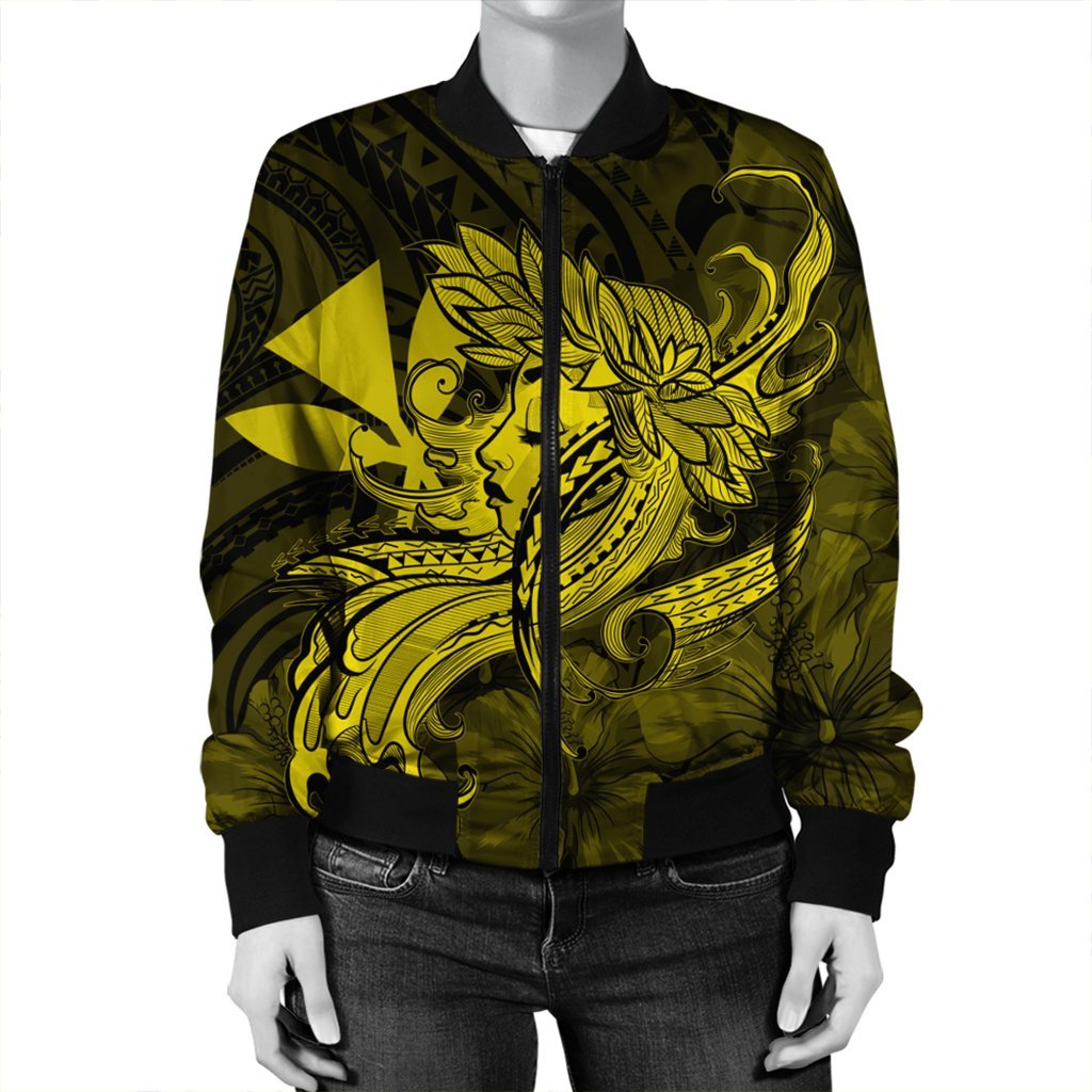 Hawaiian Map Hula Girl Hibiscus Kanaka Polynesian Bomber Jacket - Yellow - AH - Polynesian Pride