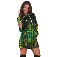 Hawaiian Map Kakau Turtle Polynesian Hoodie Dress - Green - AH - Polynesian Pride