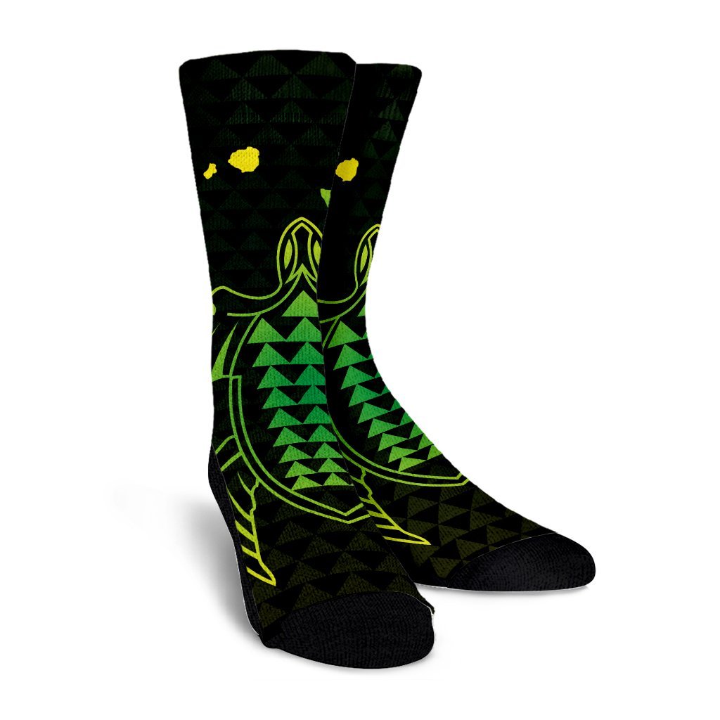 Hawaiian Map Kakau Turtle Polynesian Crew Socks - Green - AH - Polynesian Pride