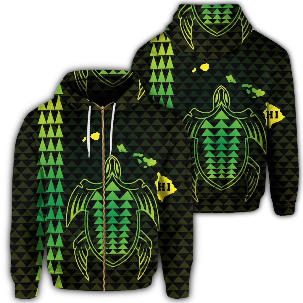 Hawaiian Map Kakau Turtle Polynesian Zip Hoodie Green Unisex Art - Polynesian Pride