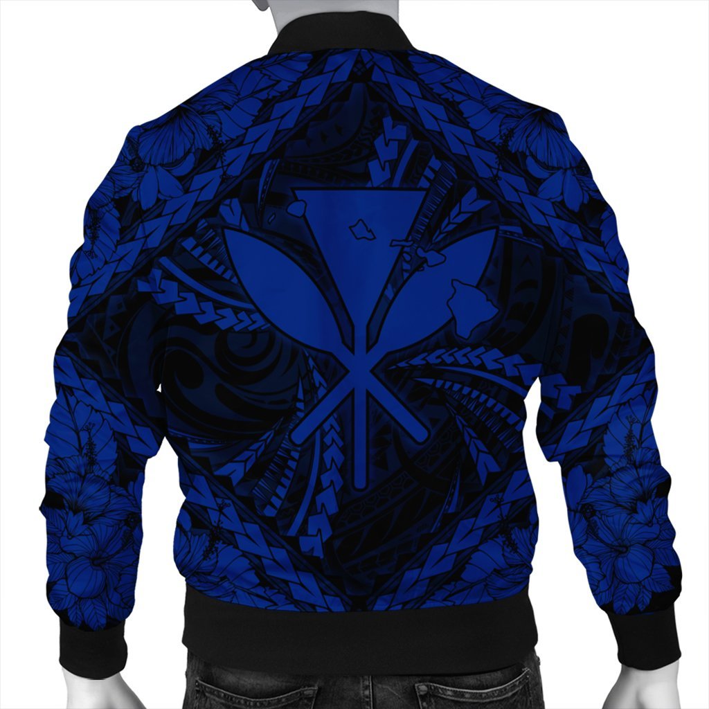 Hawaiian Map Kanaka Hibiscus Blue Polynesian Bomber Jacket - AH - Polynesian Pride