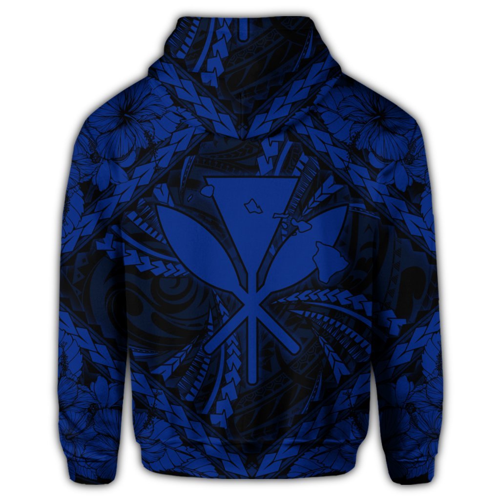 Hawaiian Map Kanaka Hibiscus Blue Polynesian Zip Hoodie - Polynesian Pride