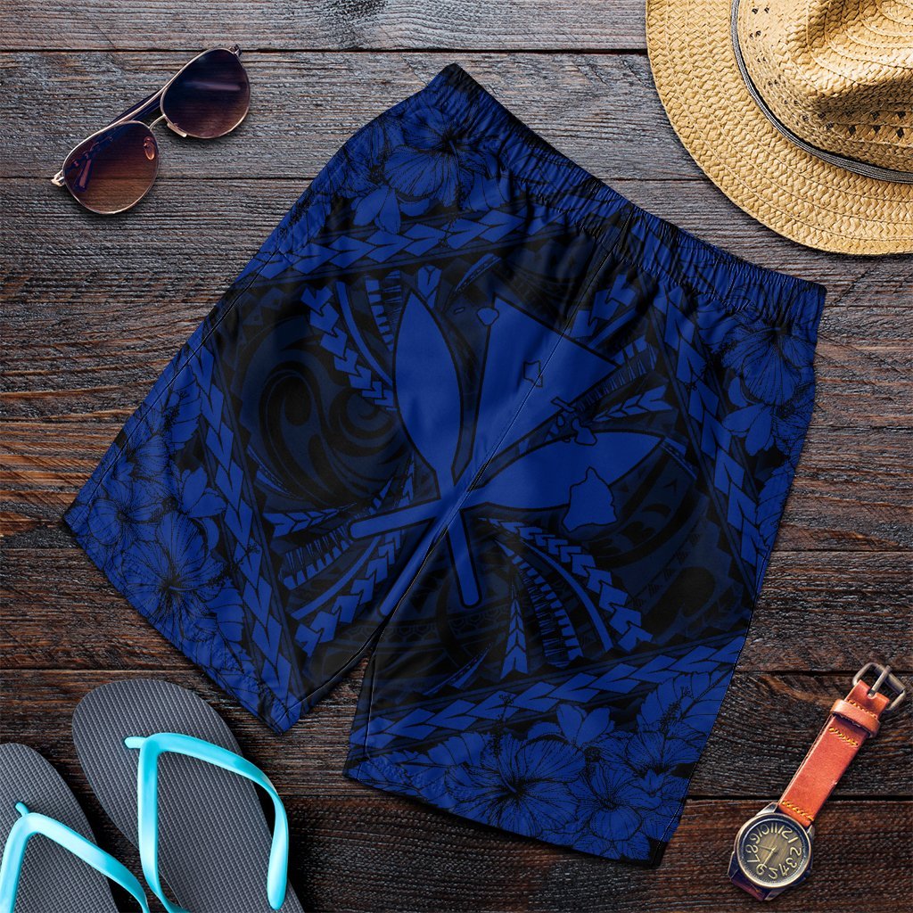 Hawaiian Map Kanaka Hibiscus Blue Polynesian Men's Shorts - AH Art - Polynesian Pride