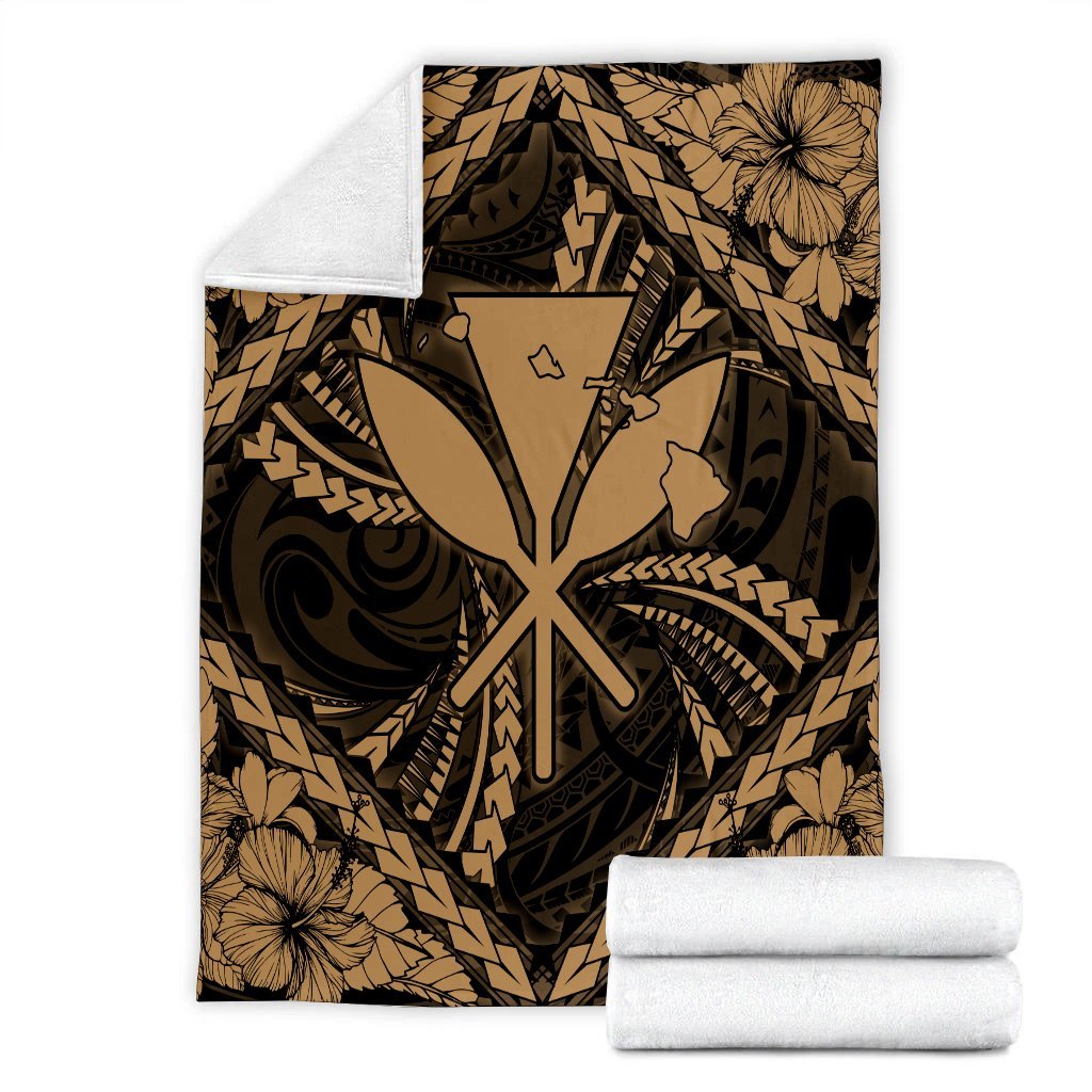 Hawaiian Map Kanaka Hibiscus Gold Polynesian Premium Blankets - AH - Polynesian Pride