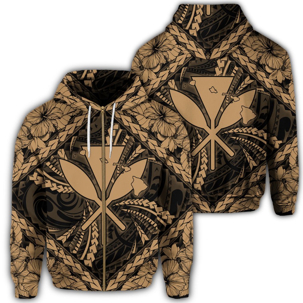 Hawaiian Map Kanaka Hibiscus Gold Polynesian Zip Hoodie Unisex Art - Polynesian Pride