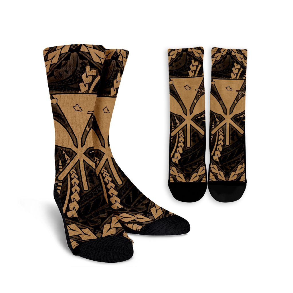 Hawaiian Map Kanaka Hibiscus Gold Polynesian Crew Socks - AH Crew Socks White - Polynesian Pride