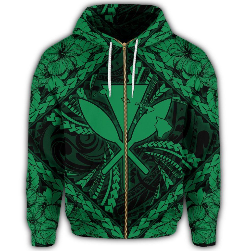Hawaiian Map Kanaka Hibiscus Green Polynesian Zip Hoodie - Polynesian Pride