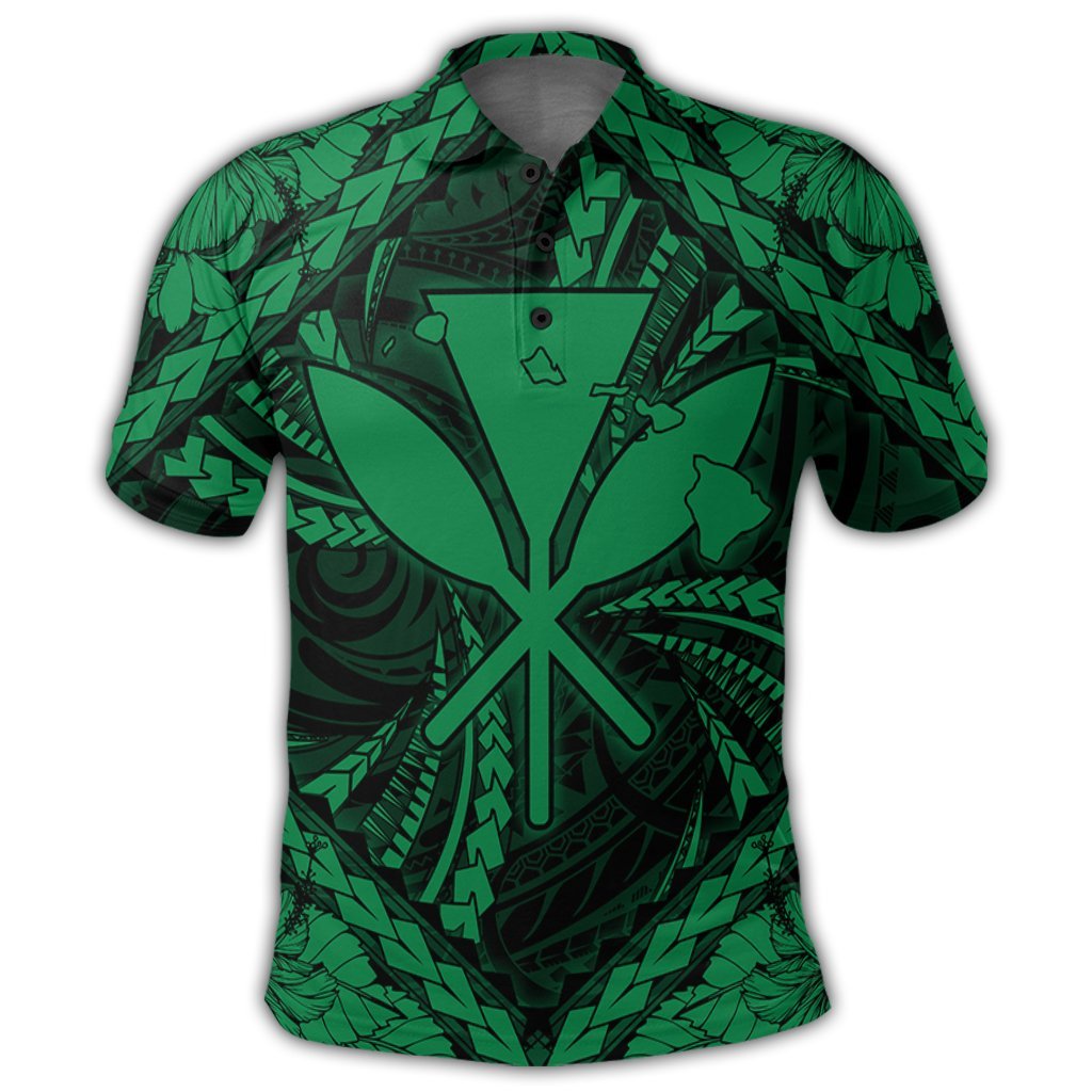 Hawaiian Map Kanaka Hibiscus Green Polynesian Polo Shirt - Polynesian Pride