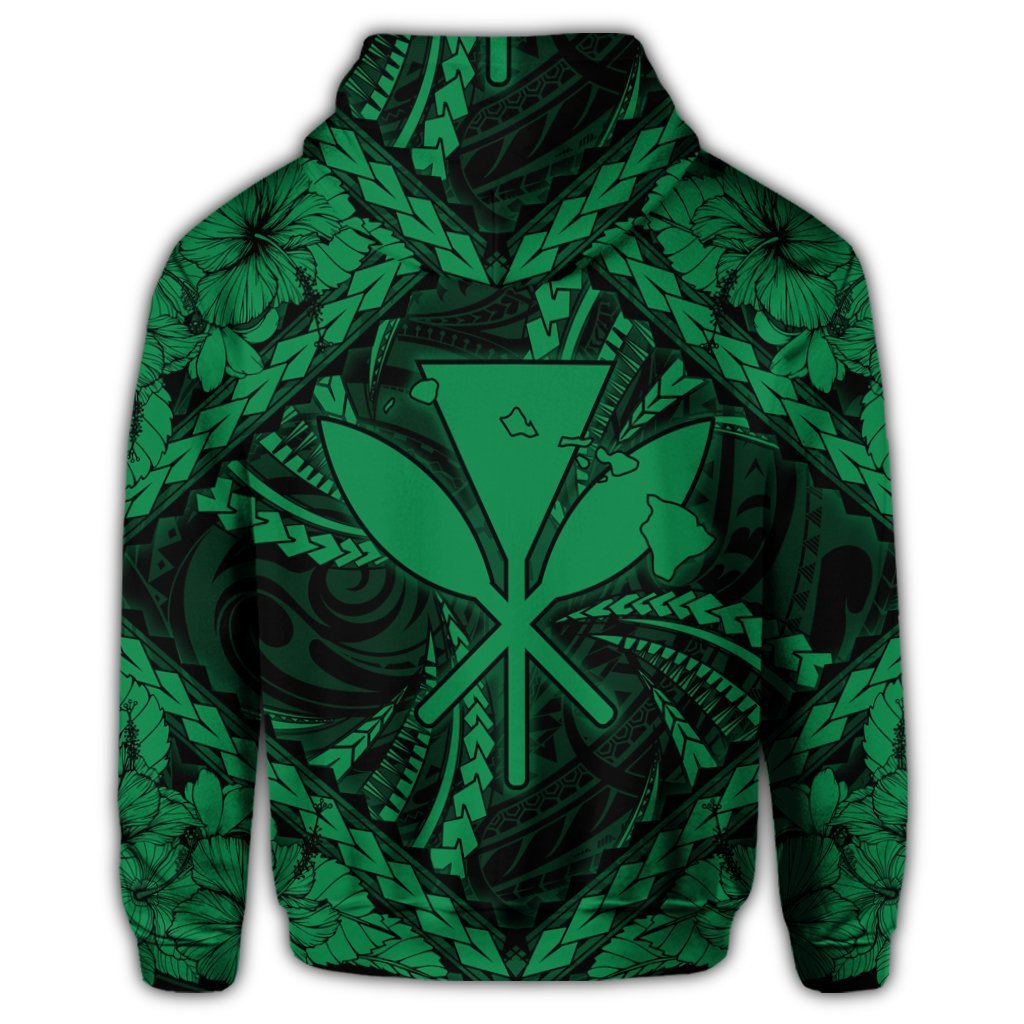 Hawaiian Map Kanaka Hibiscus Green Polynesian Zip Hoodie - Polynesian Pride