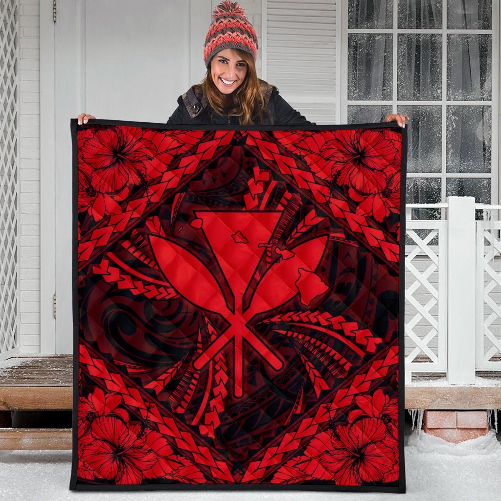 Hawaiian Map Kanaka Hibiscus Red Polynesian Premium Quilts - AH - Polynesian Pride