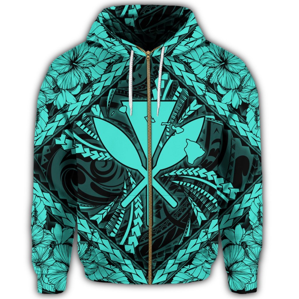 Hawaiian Map Kanaka Hibiscus Turquoise Polynesian Zip Hoodie - Polynesian Pride