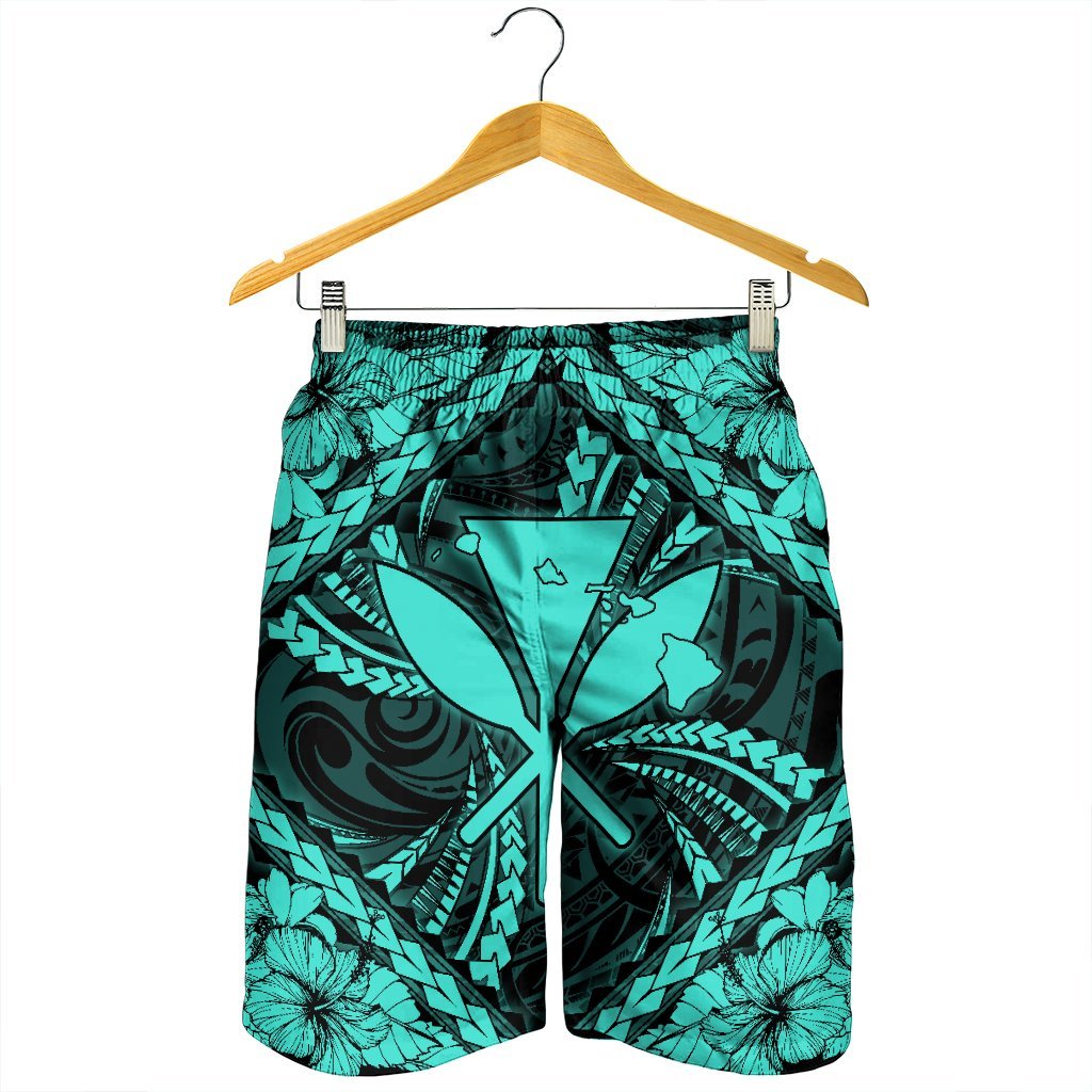 Hawaiian Map Kanaka Hibiscus Turquoise Polynesian Men's Shorts - AH - Polynesian Pride