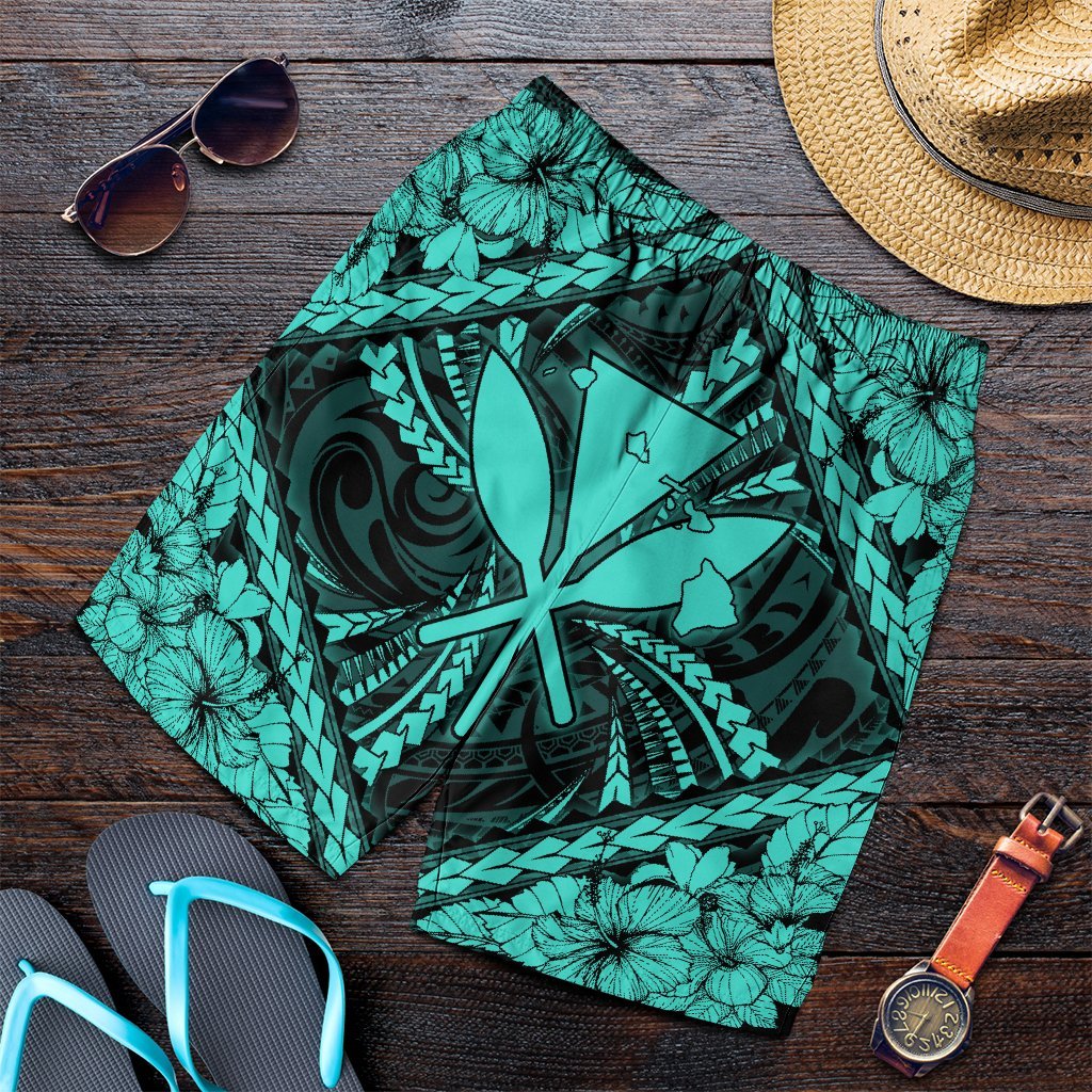 Hawaiian Map Kanaka Hibiscus Turquoise Polynesian Men's Shorts - AH Art - Polynesian Pride