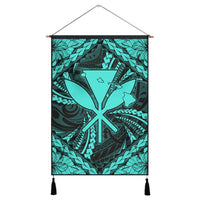 Hawaiian Map Kanaka Hibiscus Turquoise Polynesian Hanging Poster - AH Hanging Poster Cotton And Linen - Polynesian Pride