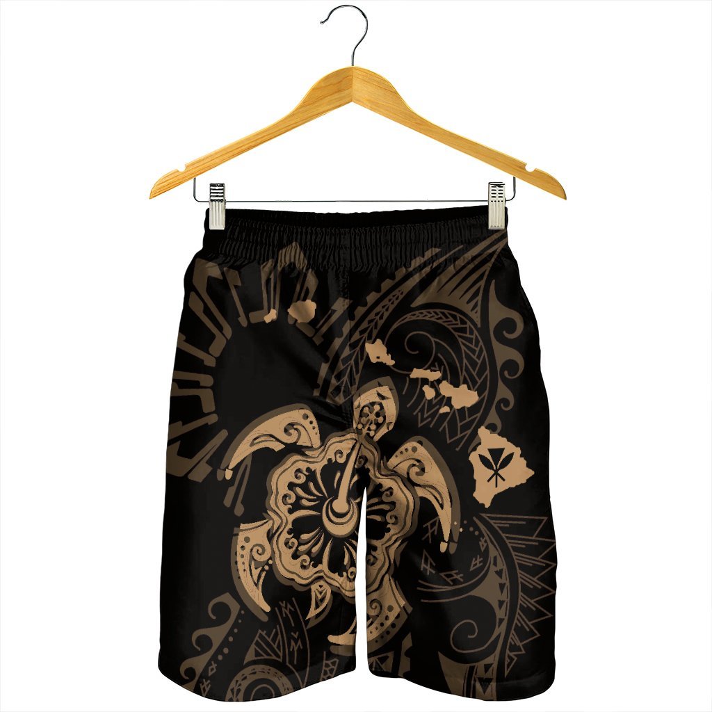 Hawaiian Map Kanaka Hibiscus Turtle Gold Polynesian Men's Shorts - AH - Polynesian Pride