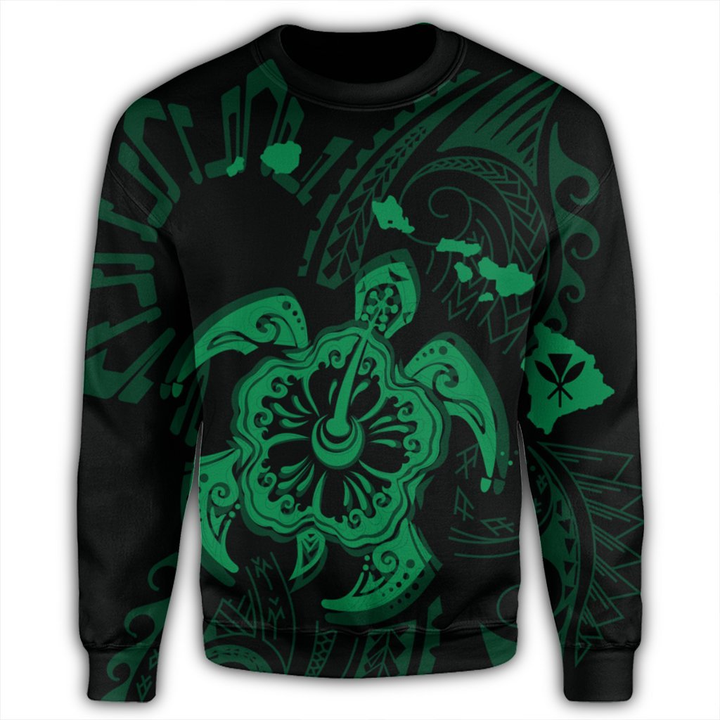 Hawaiian Map Kanaka Hibiscus Turtle Green Polynesian Sweatshirt - AH - Polynesian Pride