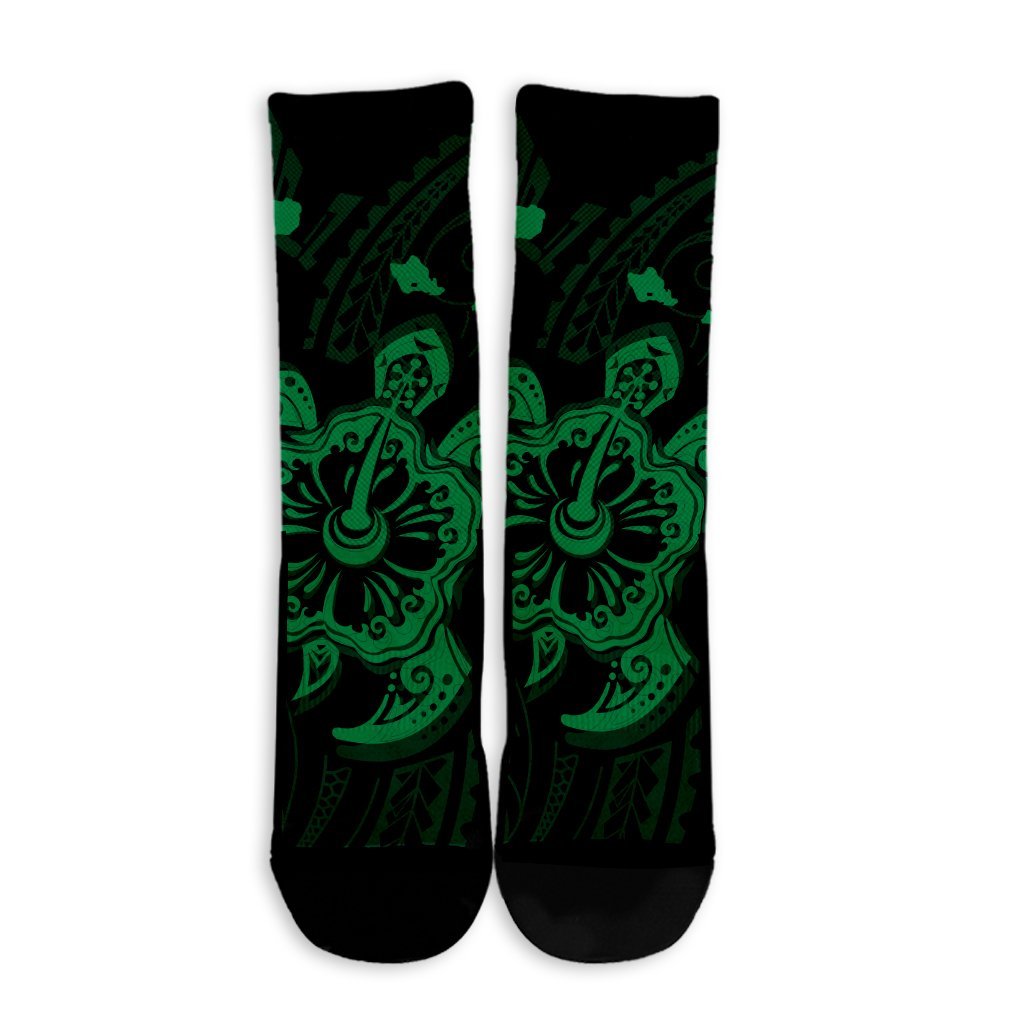 Hawaiian Map Kanaka Hibiscus Turtle Green Polynesian Crew Socks - AH - Polynesian Pride