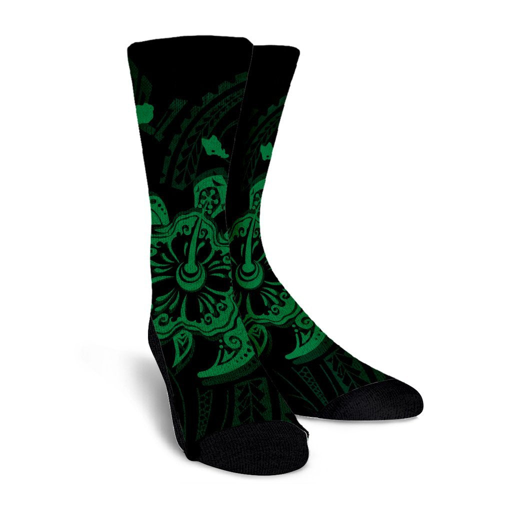 Hawaiian Map Kanaka Hibiscus Turtle Green Polynesian Crew Socks - AH - Polynesian Pride