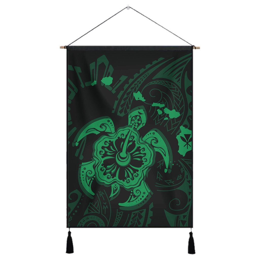 Hawaiian Map Kanaka Hibiscus Turtle Green Polynesian Hanging Poster - AH Hanging Poster Cotton And Linen - Polynesian Pride