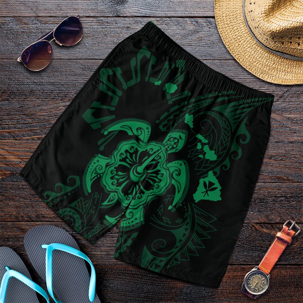 Hawaiian Map Kanaka Hibiscus Turtle Green Polynesian Men's Shorts - AH Art - Polynesian Pride