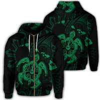 Hawaiian Map Kanaka Hibiscus Turtle Green Polynesian Zip Hoodie Unisex Art - Polynesian Pride