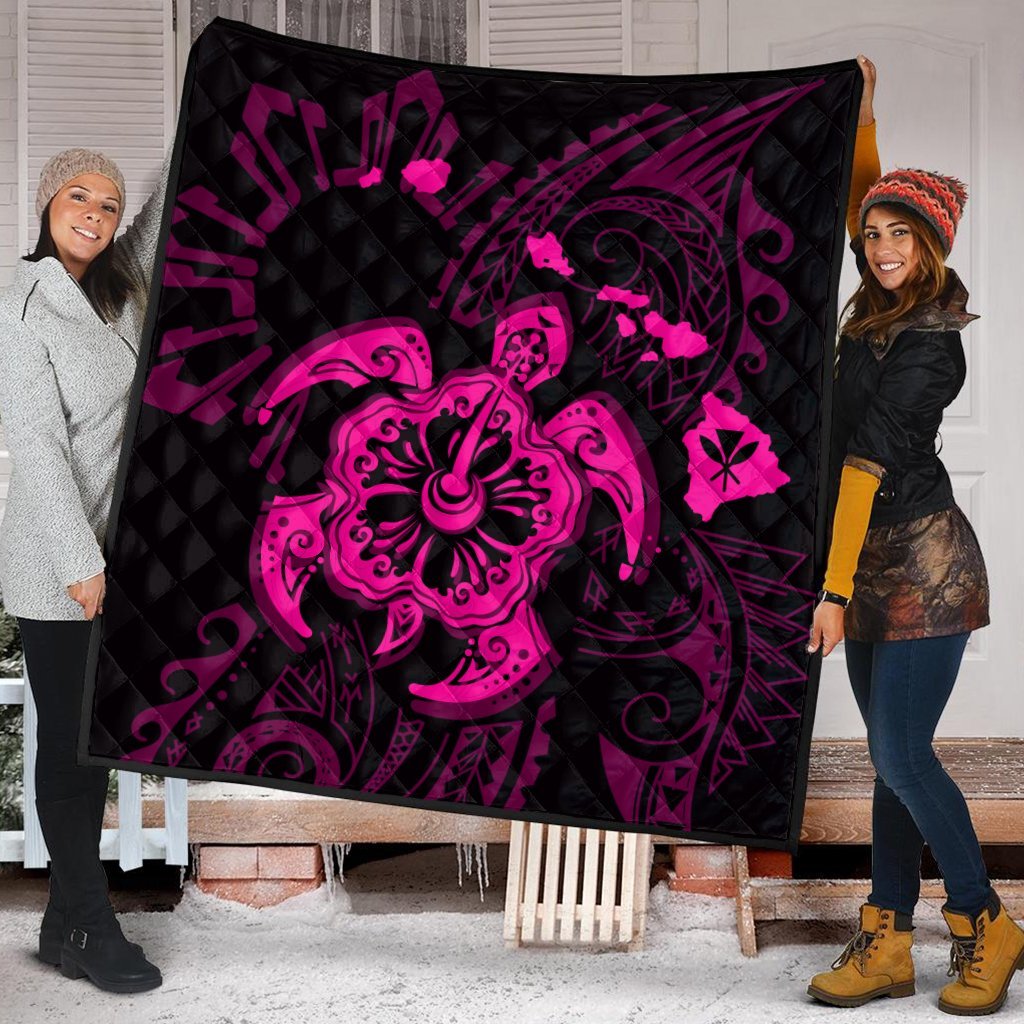 Hawaiian Map Kanaka Hibiscus Turtle Pink Polynesian Premium Quilts - AH - Polynesian Pride