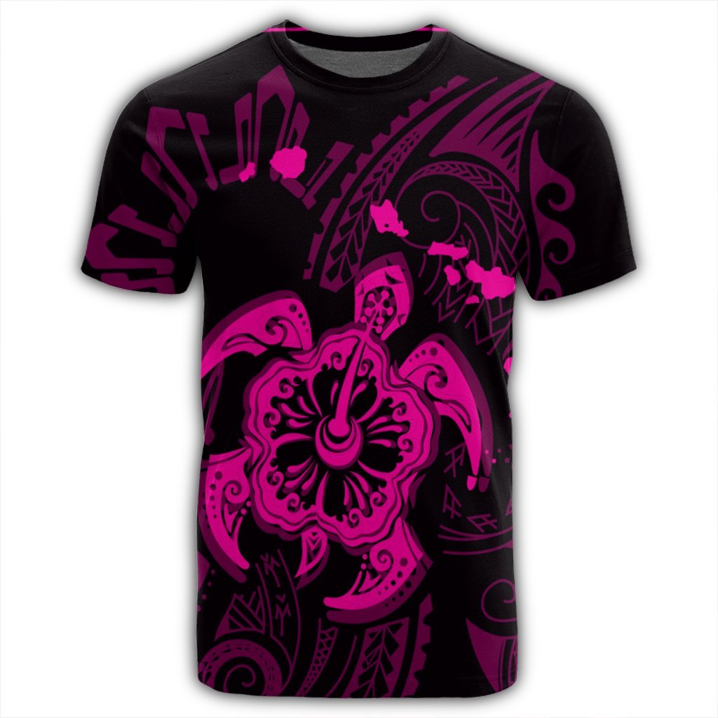 Hawaiian Map Kanaka Hibiscus Turtle Pink Polynesian T Shirt - Polynesian Pride