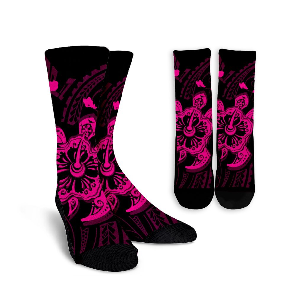 Hawaiian Map Kanaka Hibiscus Turtle Pink Polynesian Crew Socks - AH Crew Socks White - Polynesian Pride