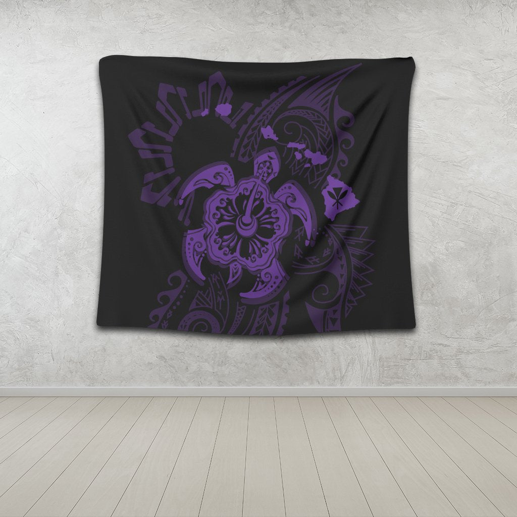 Hawaiian Map Kanaka Hibiscus Turtle Purple Polynesian Tapestry - AH - Polynesian Pride