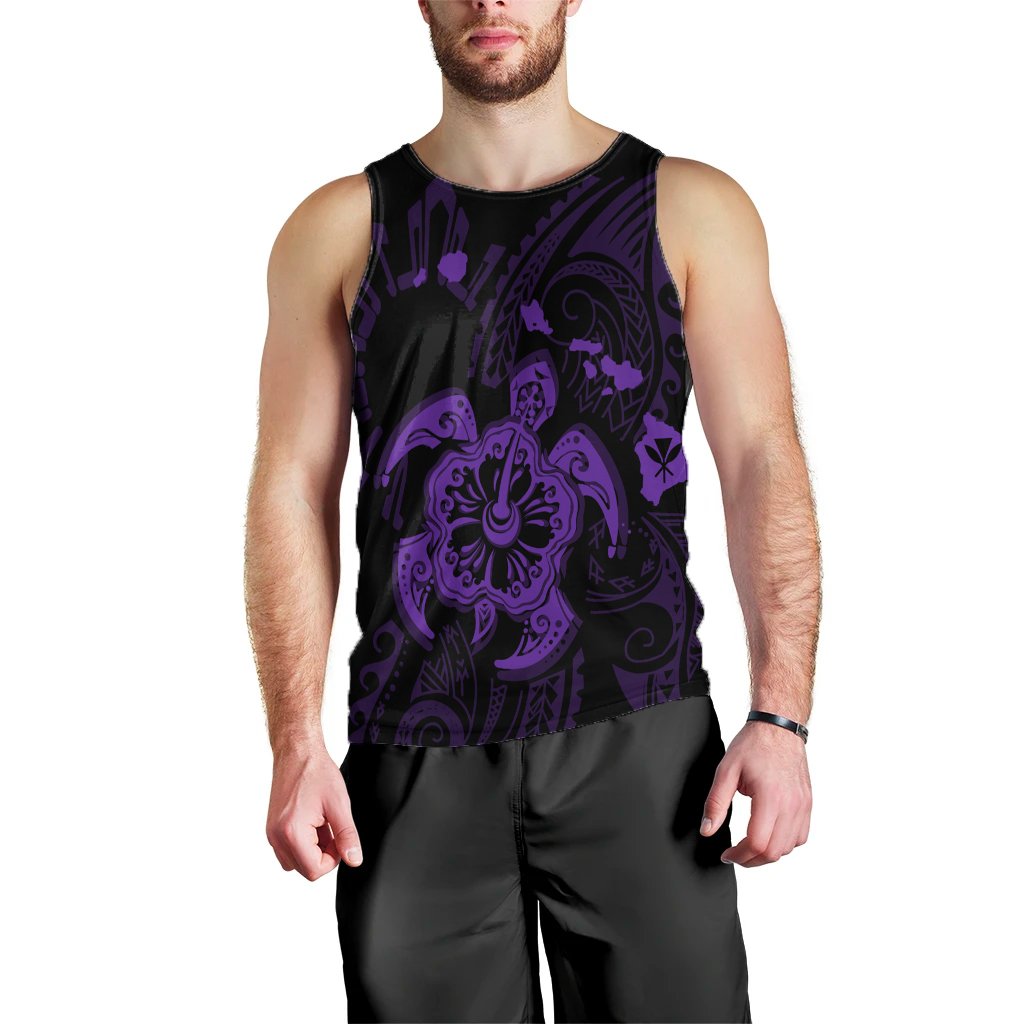 Hawaiian Map Kanaka Hibiscus Turtle Purple Polynesian Tank Top - AH Black - Polynesian Pride