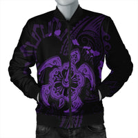 Hawaiian Map Kanaka Hibiscus Turtle Purple Polynesian Bomber Jacket - AH Black Unisex - Polynesian Pride