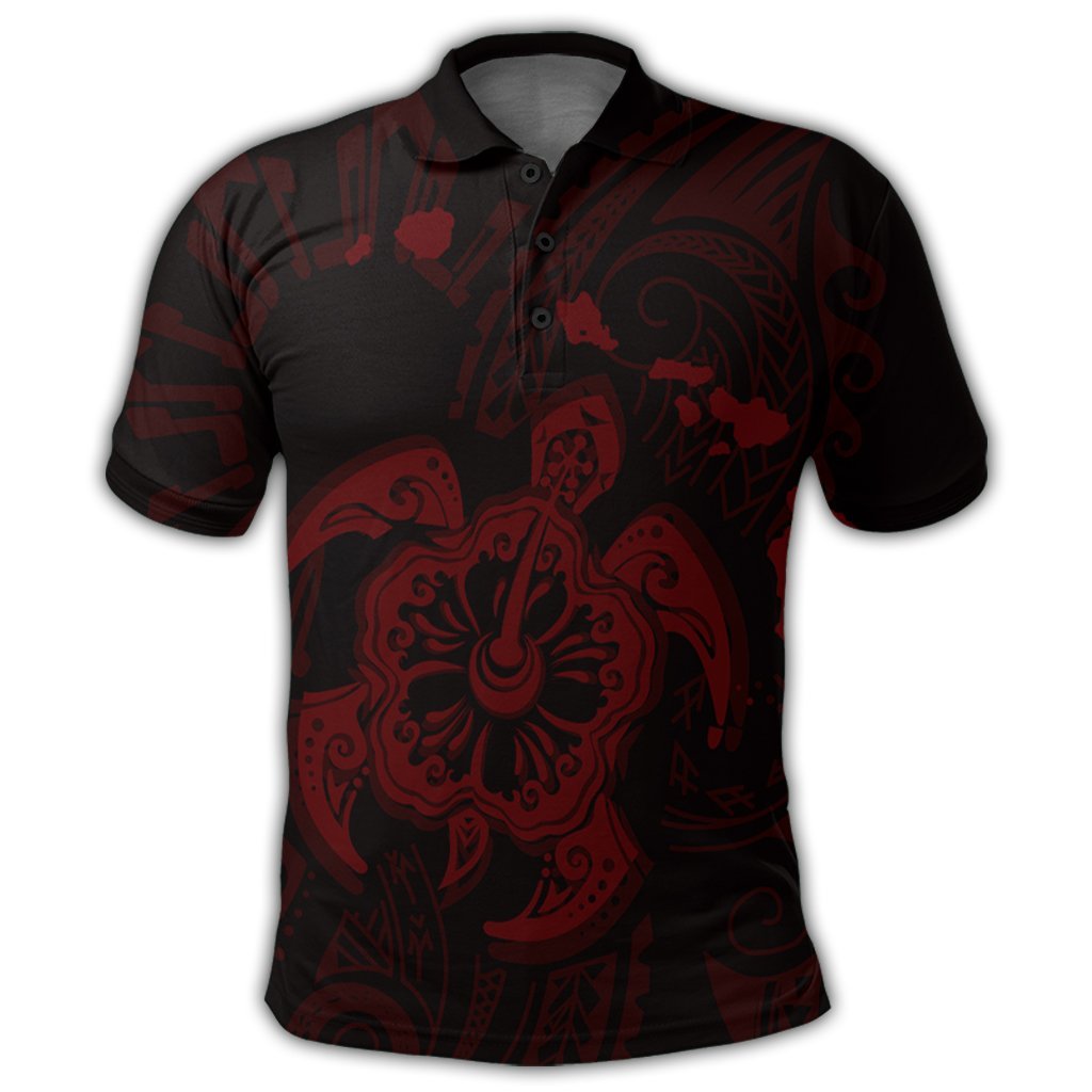 Hawaiian Map Kanaka Hibiscus Turtle Red Polynesian Polo Shirt - Polynesian Pride